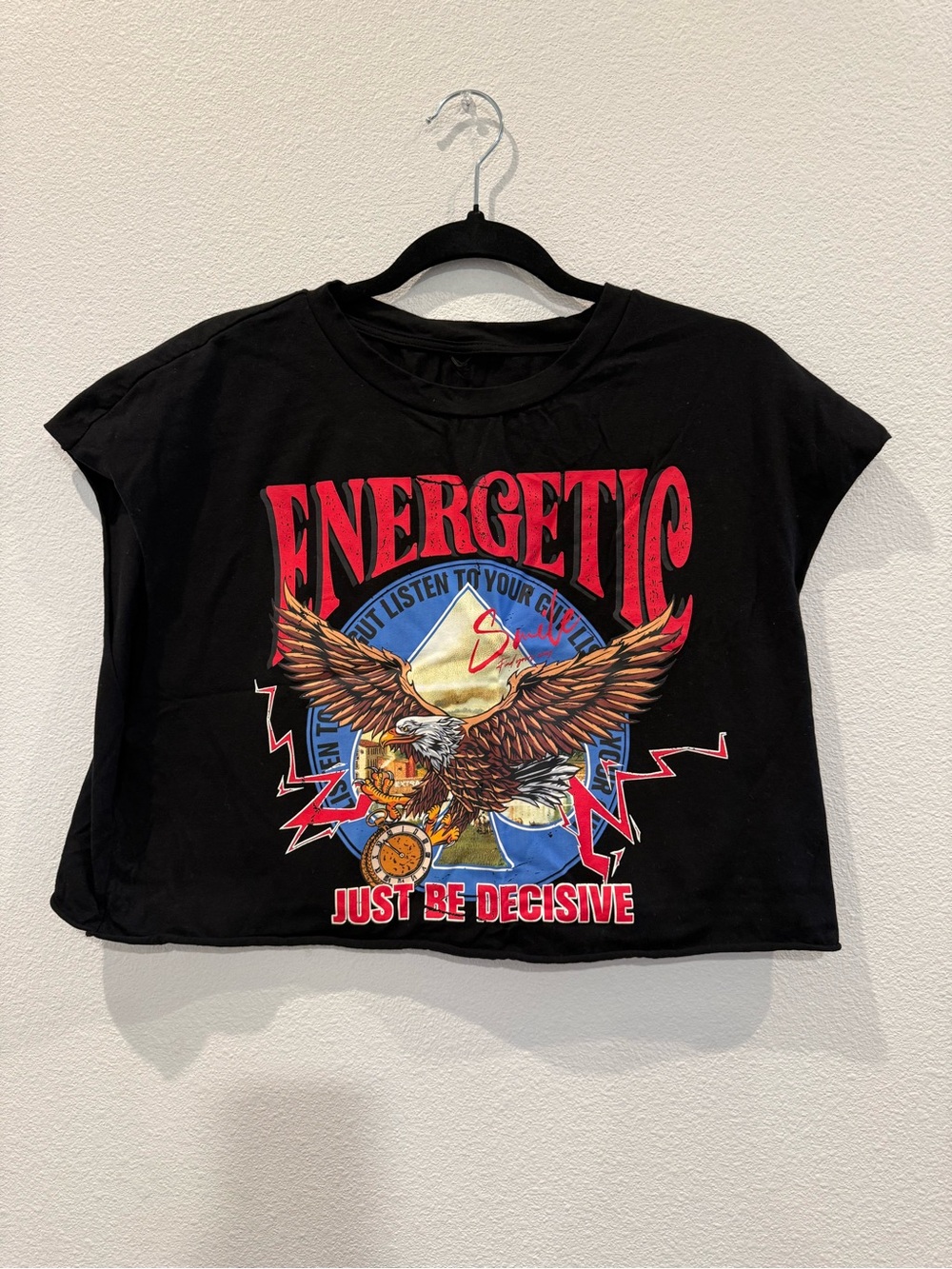 Energetic Eagle Graphic Crop Tee - Black with Red & Multicolor Print